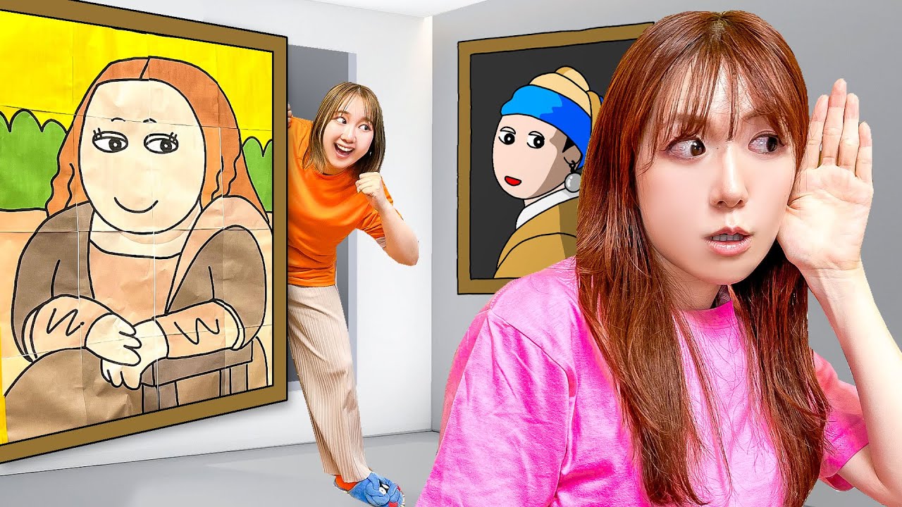 絵の中に隠れる⁉︎お家の中で友達からバレずにダンボールかくれんぼをしよう！男女でカラーボールミッション♪【対決】